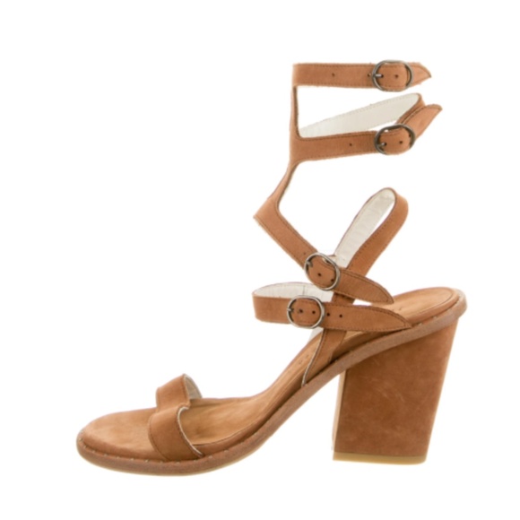 Freda Salvador Fringed Gladiator Block Heel Sandals In Camel Suede US 6.5 - Picture 5 of 13